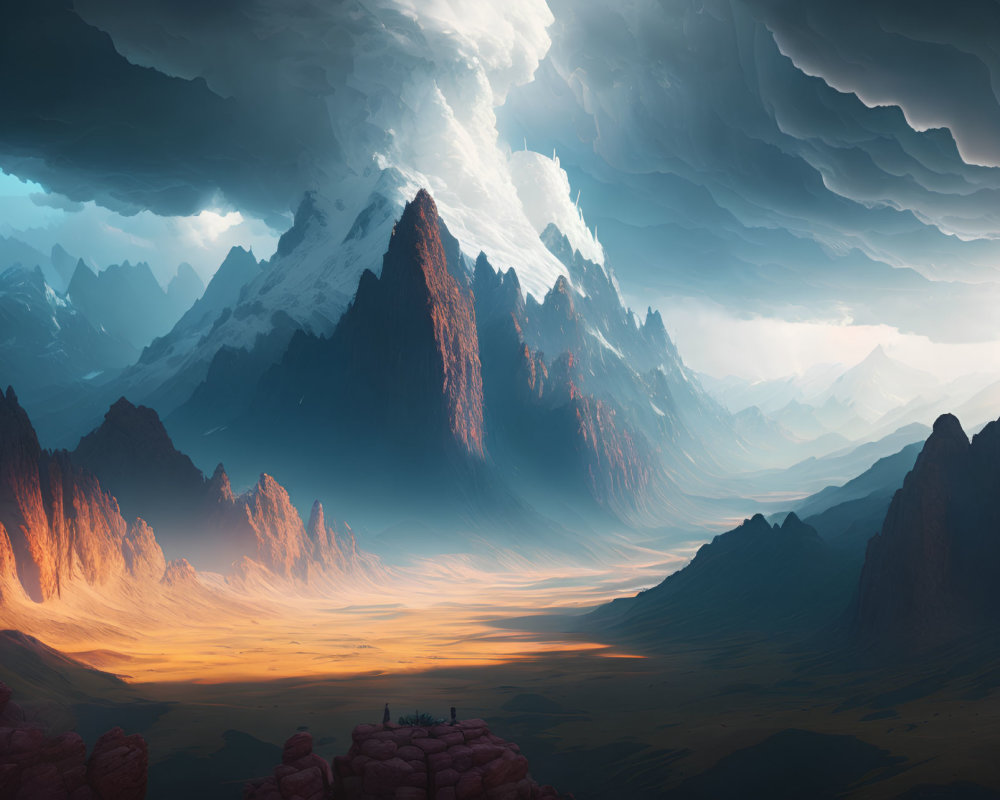 Dramatic sunset landscape with rugged mountains and tiny figures