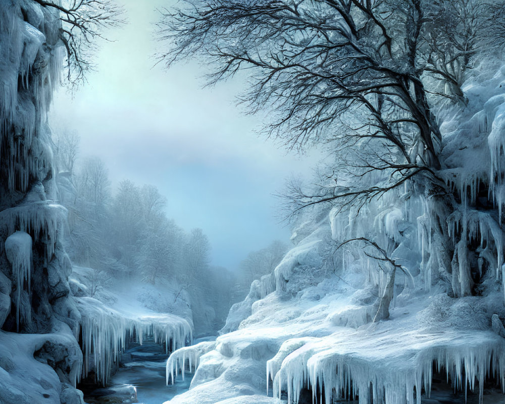Frozen Waterfall and Icy River in Winter Landscape