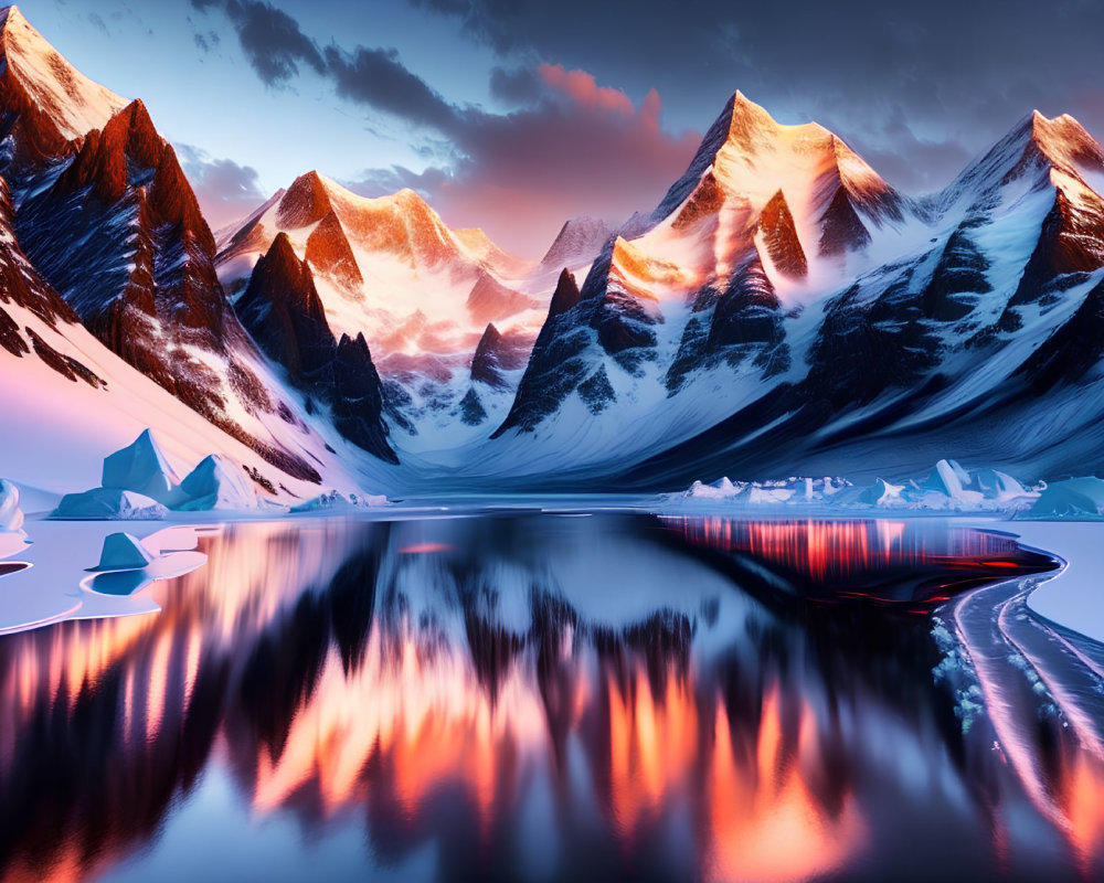 Serene lake with sunset hues, snow-capped peaks, and icebergs.