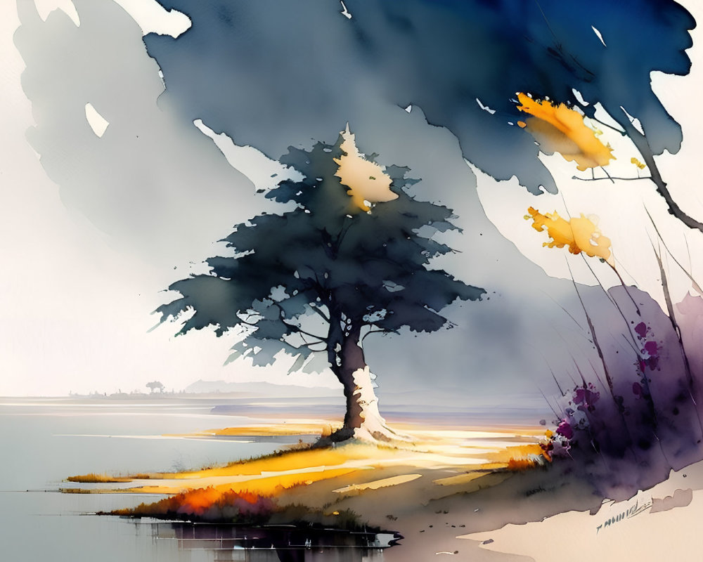 Vibrant watercolor landscape: tree by serene lake, expressive brush strokes