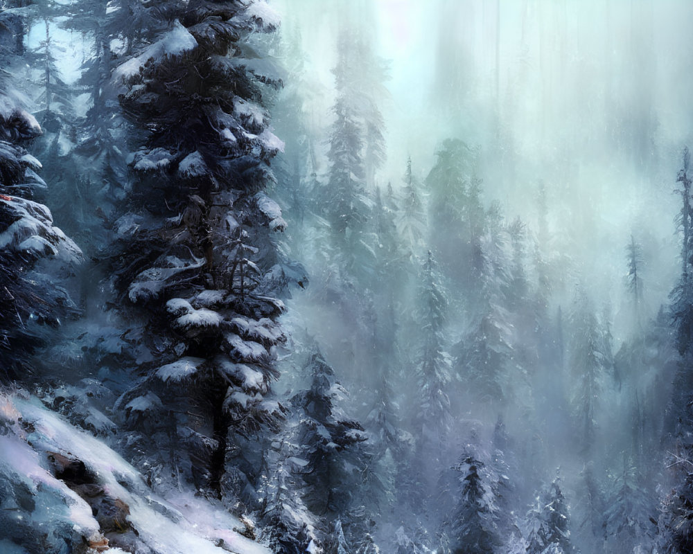 Misty forest scene with snow-covered pine trees