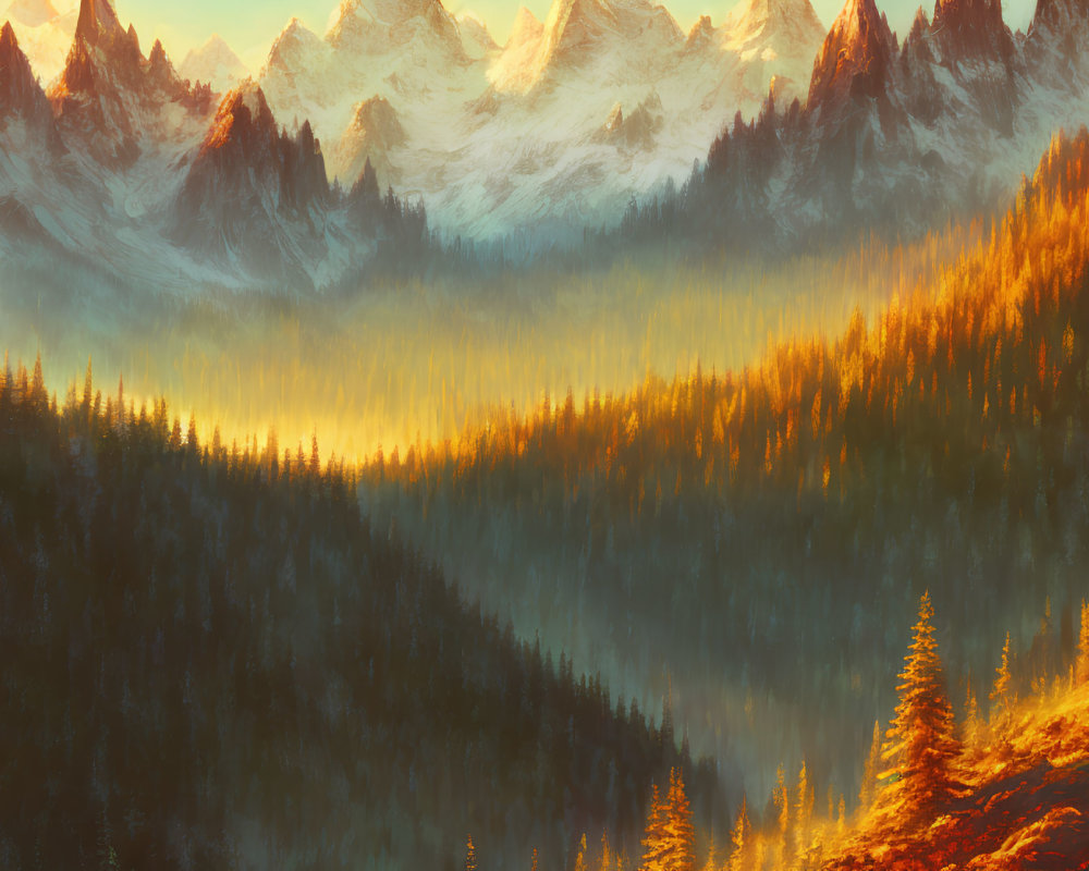 Golden sunlight illuminates serene mountain range with dense forest and misty foothills