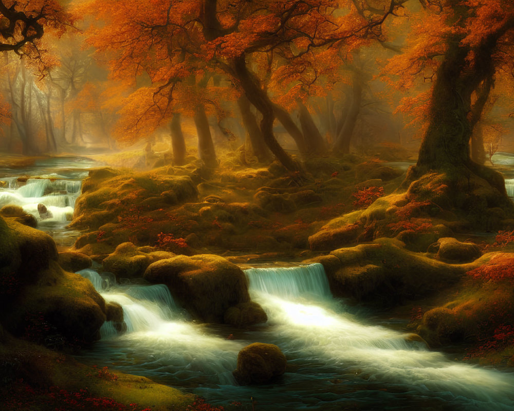 Tranquil Autumn Forest Scene with Stream and Vibrant Foliage