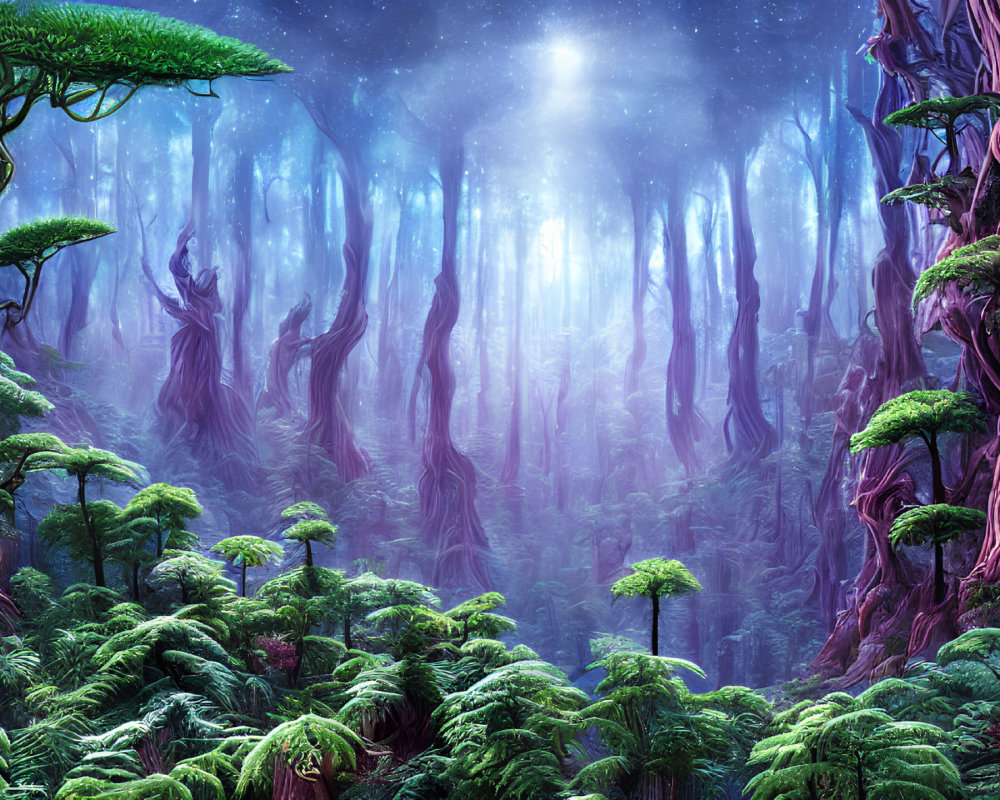 Mystical forest with twisted purple trees under starlit sky