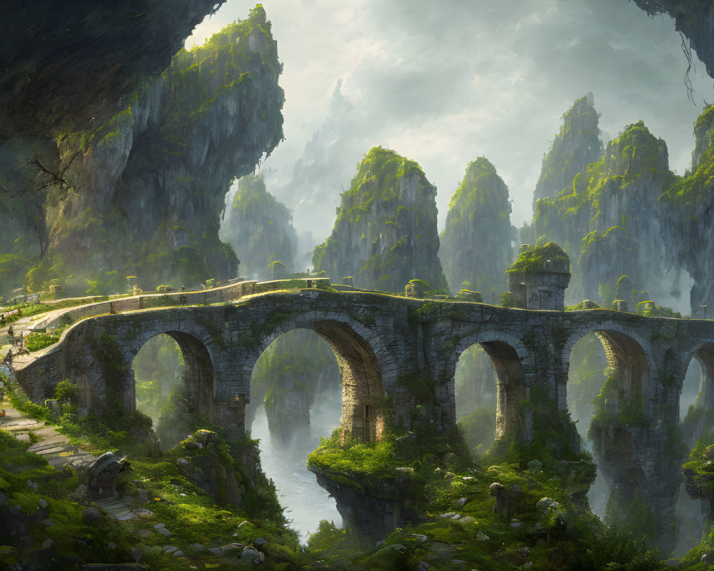 Stone bridge over river surrounded by karst mountains under soft sky