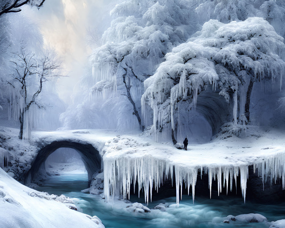 Snowy Winter Scene: Stone Bridge, Frozen River, Ice-Covered Trees