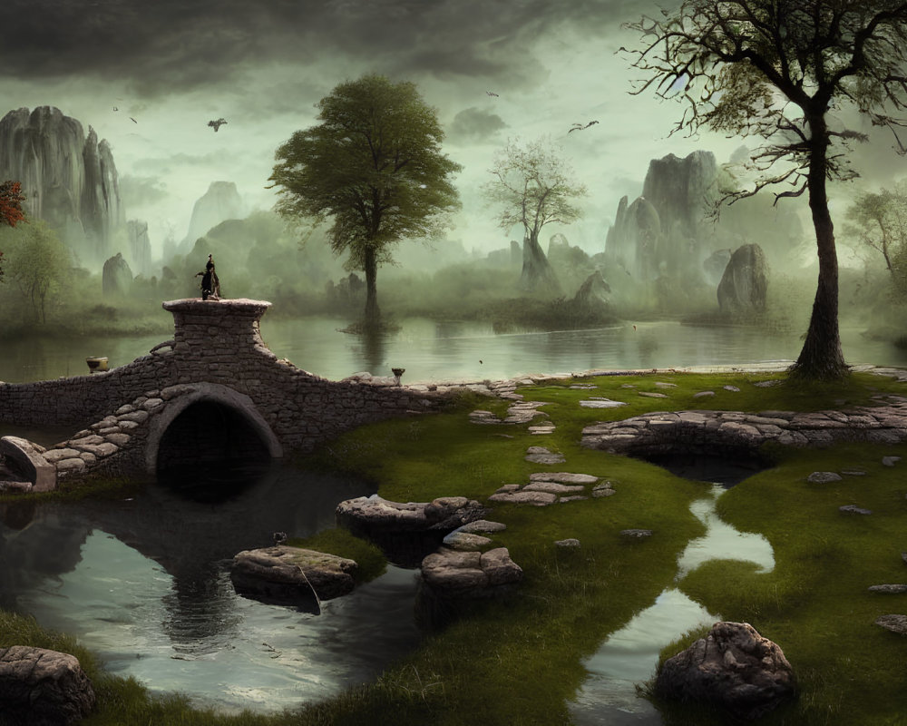 Mystical landscape with stone bridge, pond, cliffs, tree, and figure