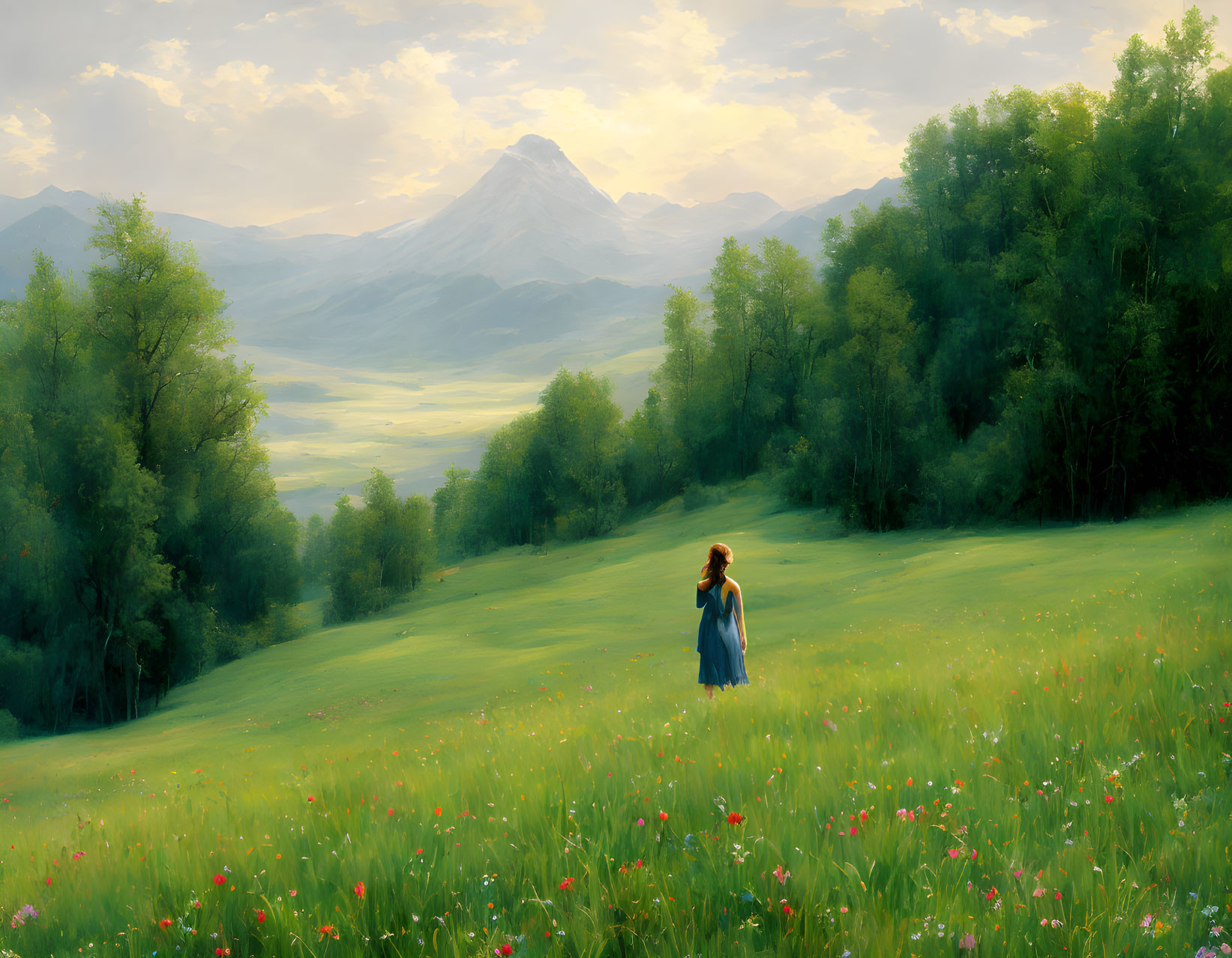 Snow-Capped Mountain, Forest, Woman in Blue Dress, Blooming Meadow