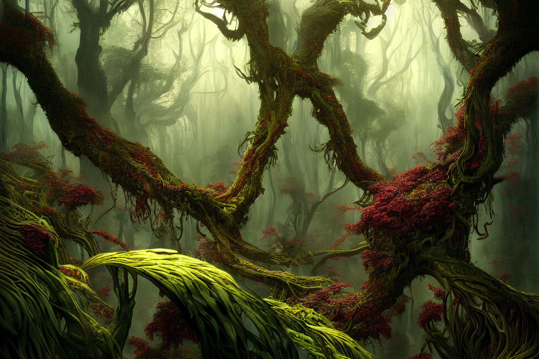 Moss-covered trees and red flora in misty forest landscape