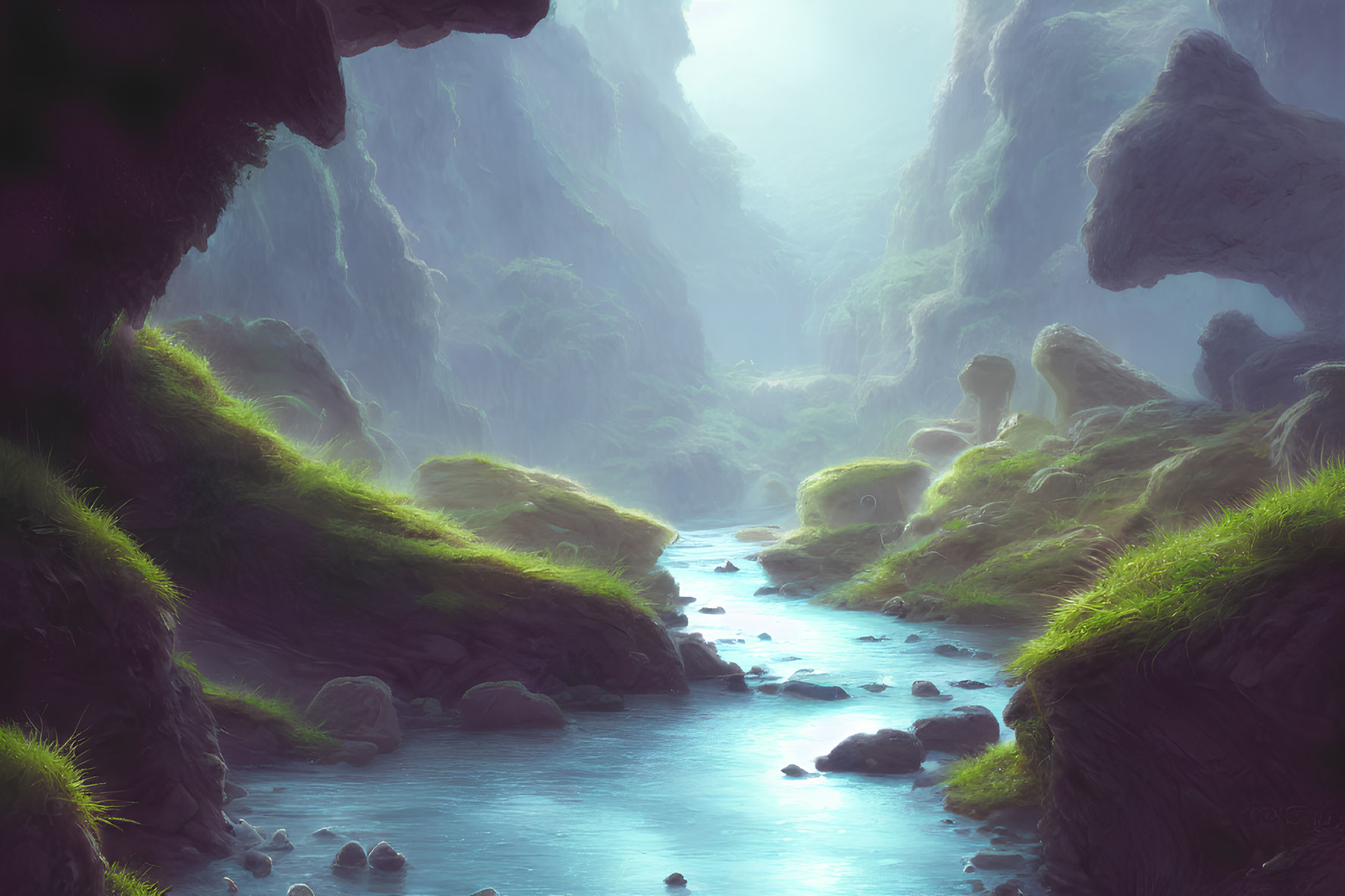 Luminous river in lush grass canyon with sunlight mist.