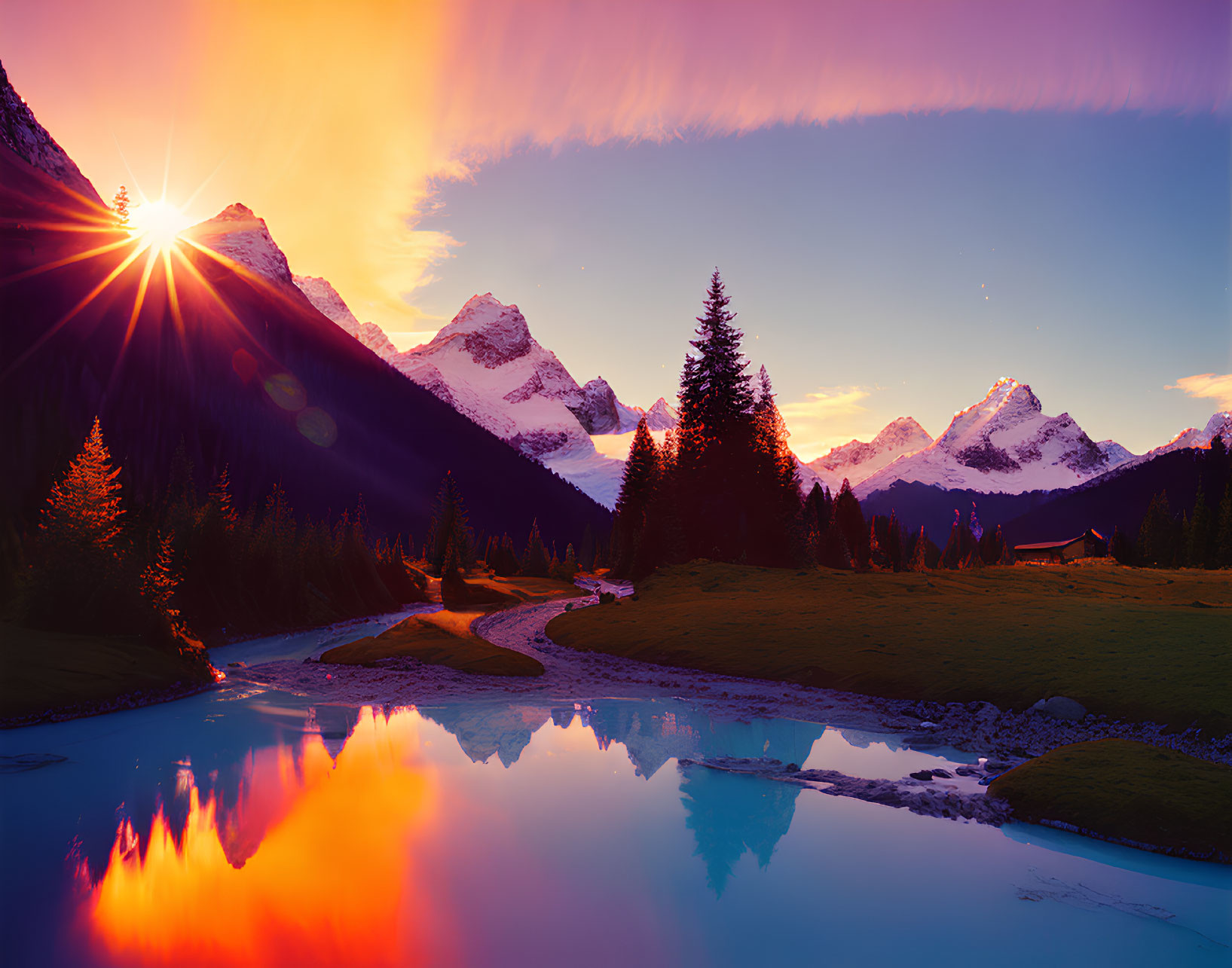 Scenic sunset over snow-capped mountains and river.