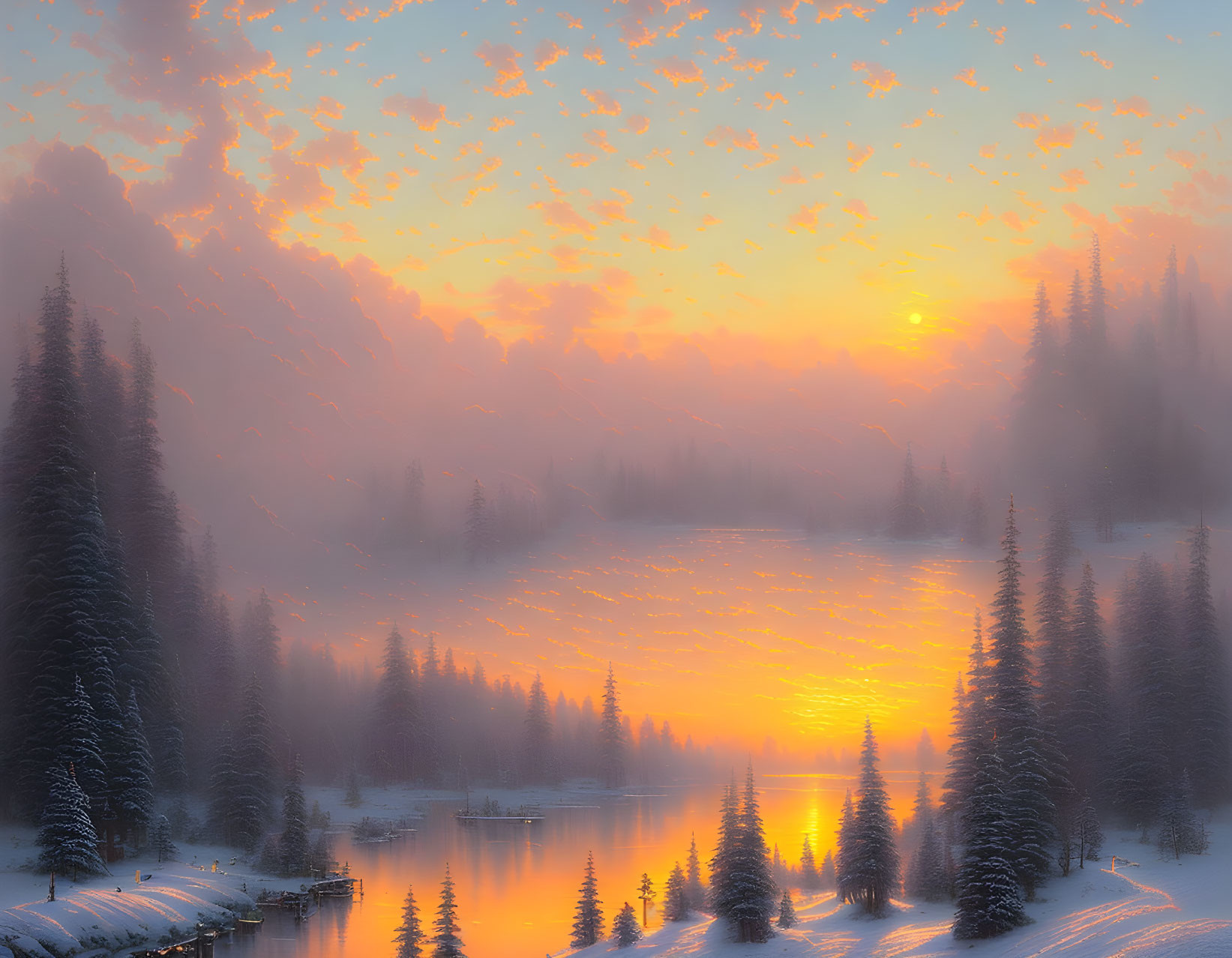 Tranquil winter sunset over snow-covered fir trees by a lake