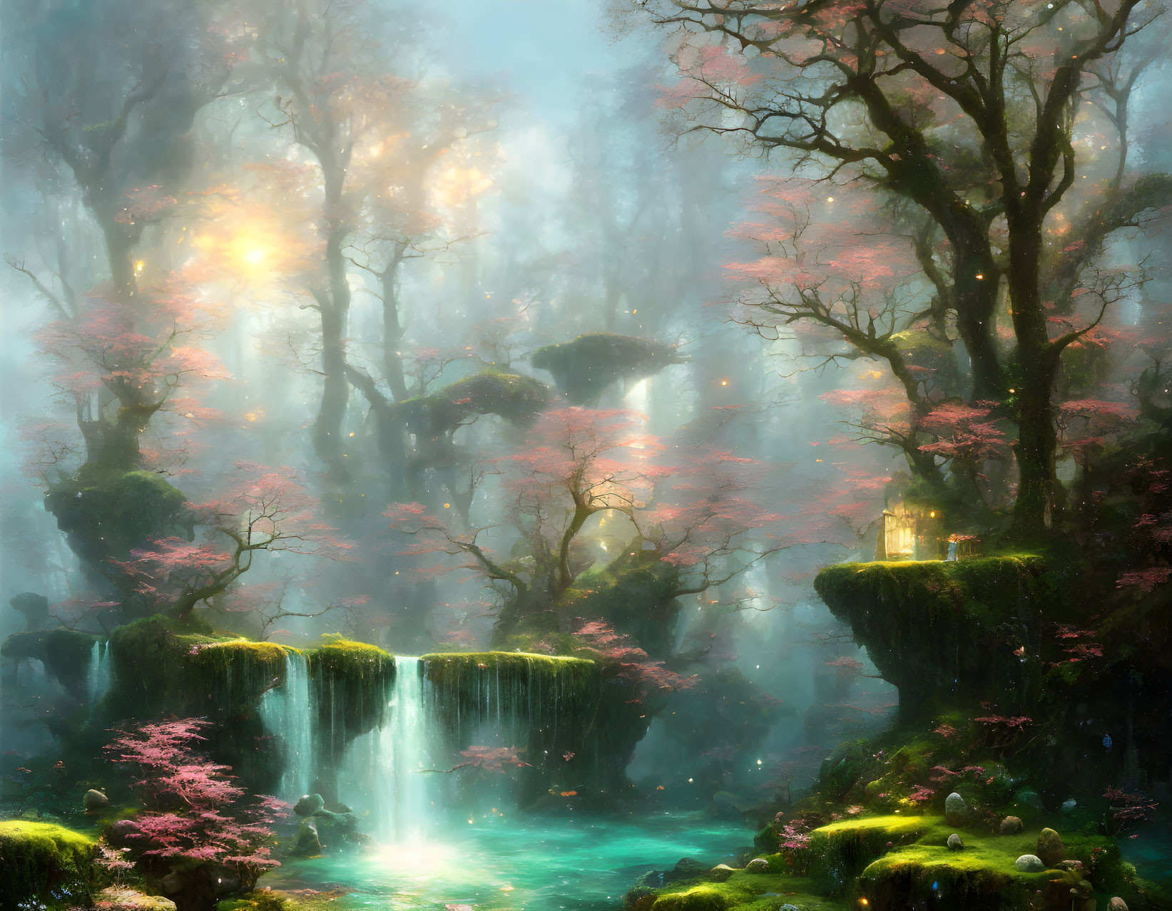 Tranquil forest scene with waterfalls, cherry blossoms, lanterns, and misty atmosphere
