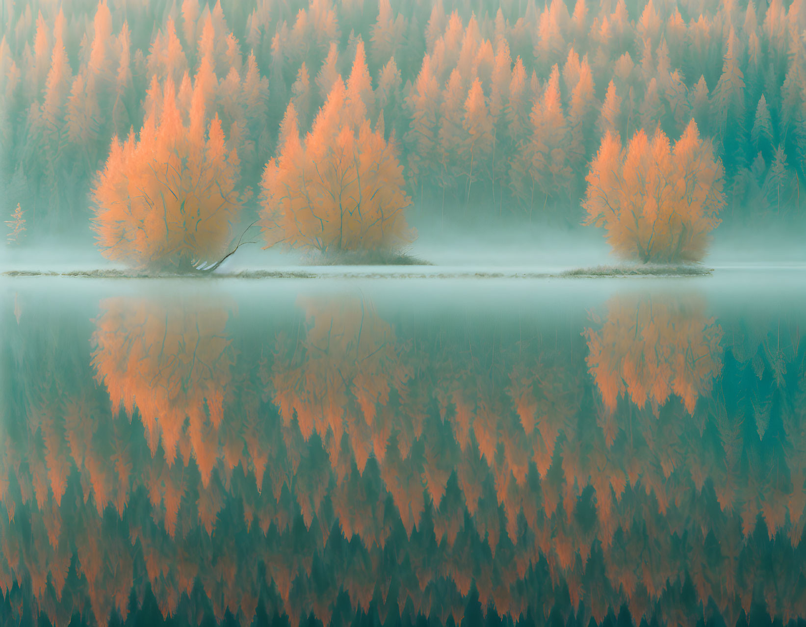 Autumnal trees reflected in misty lake with vibrant orange leaves