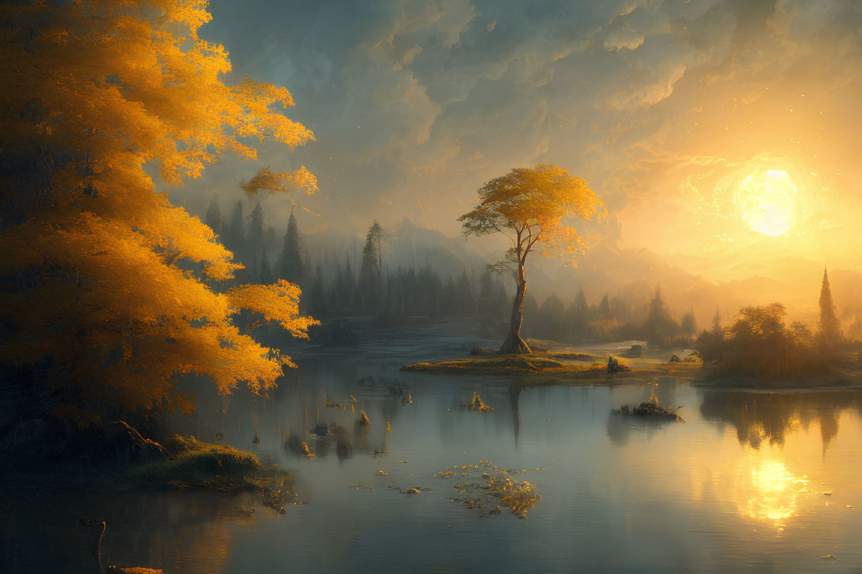 Tranquil autumn sunrise with golden trees, misty hills, and vibrant sun