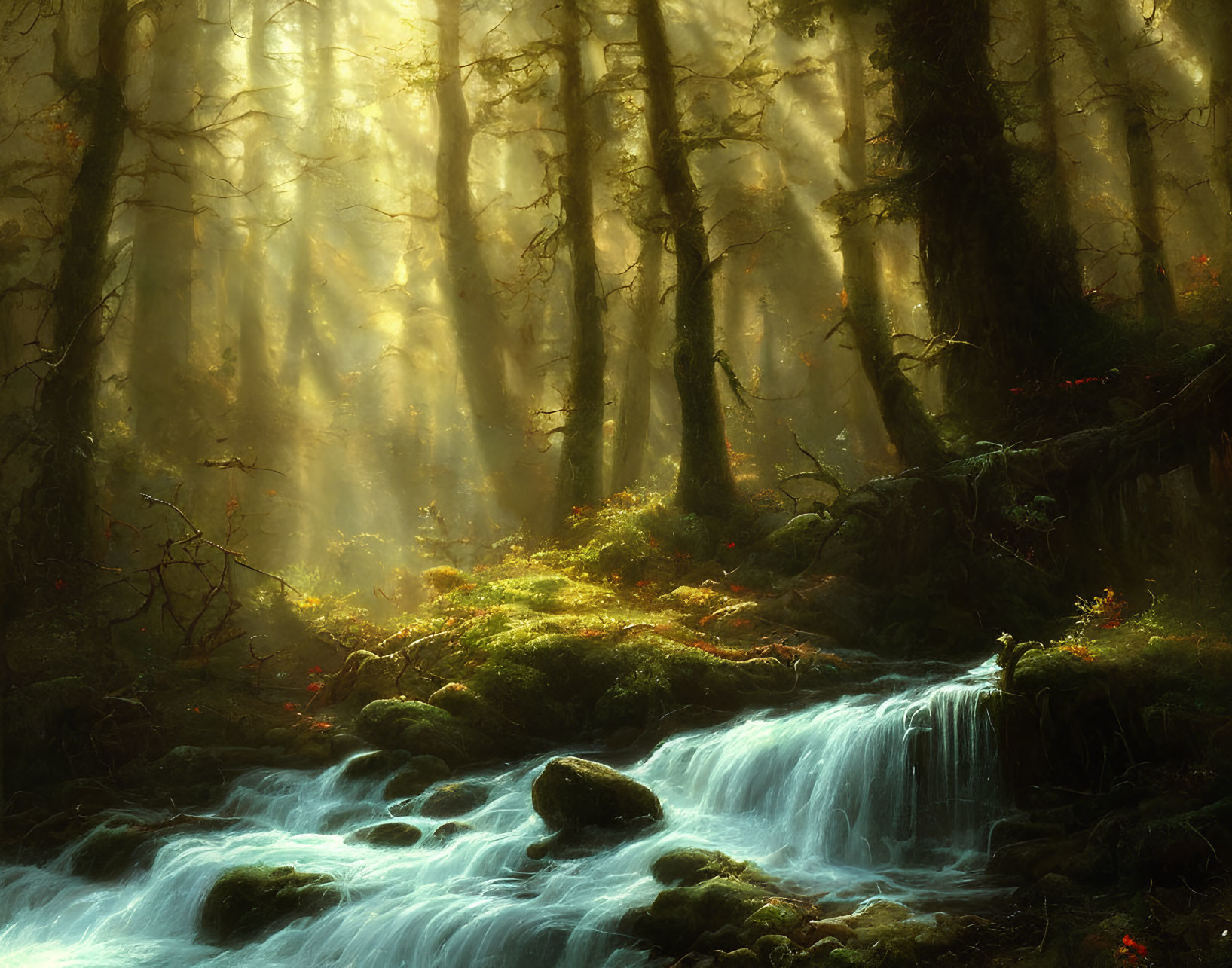 Tranquil forest landscape with waterfall, moss-covered rocks, and sunlight.