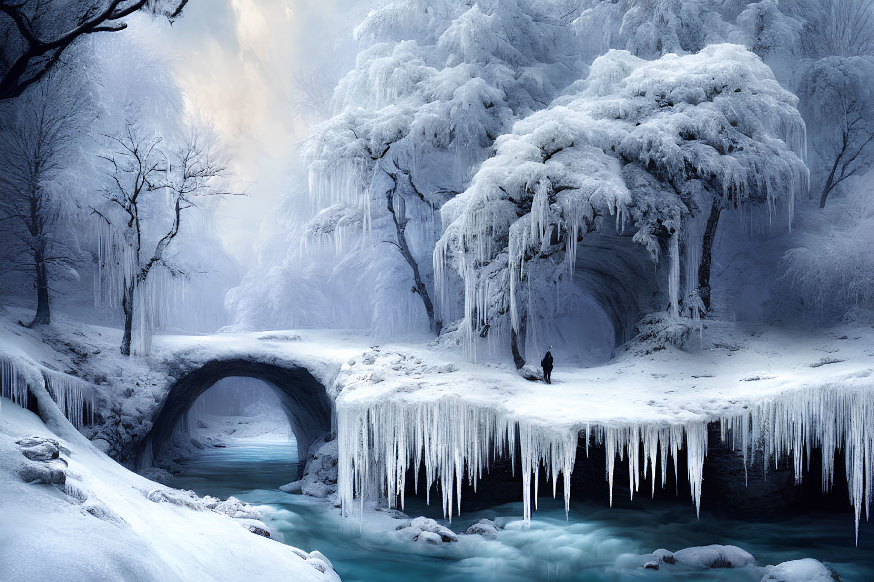 Snowy Winter Scene: Stone Bridge, Frozen River, Ice-Covered Trees