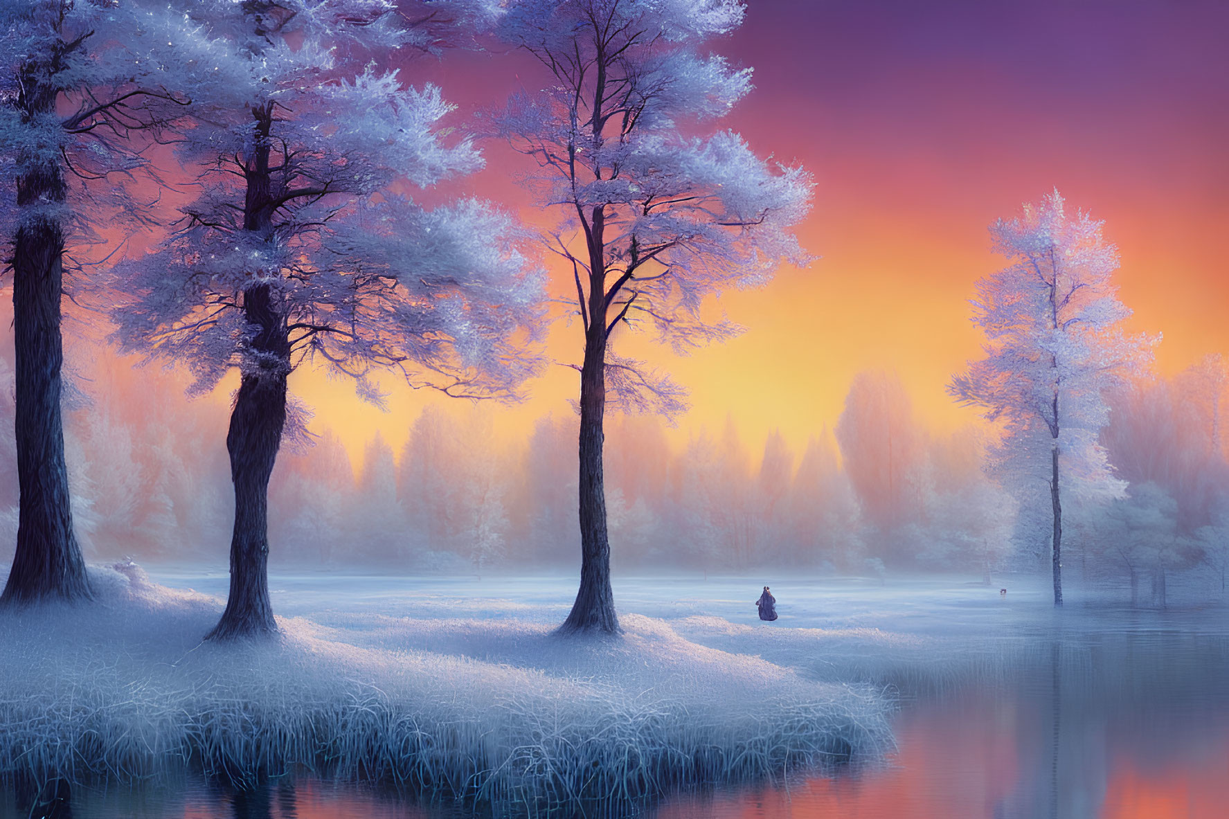 Winter landscape: Frost-covered trees, sunset sky, lone figure by lake
