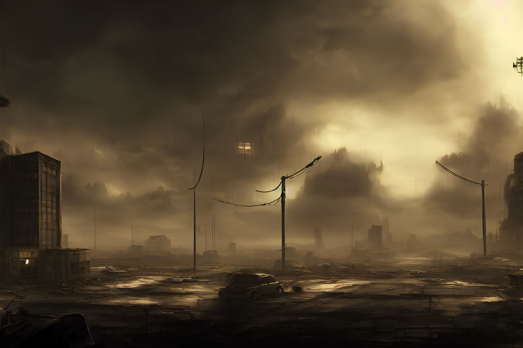 Desolate post-apocalyptic cityscape with ominous clouds