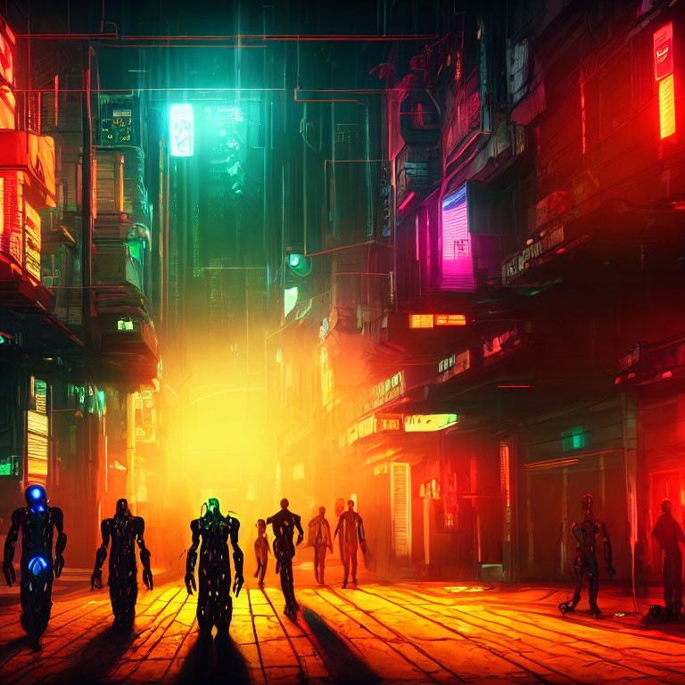 Futuristic neon-lit cityscape with pedestrians, robots, glowing signs