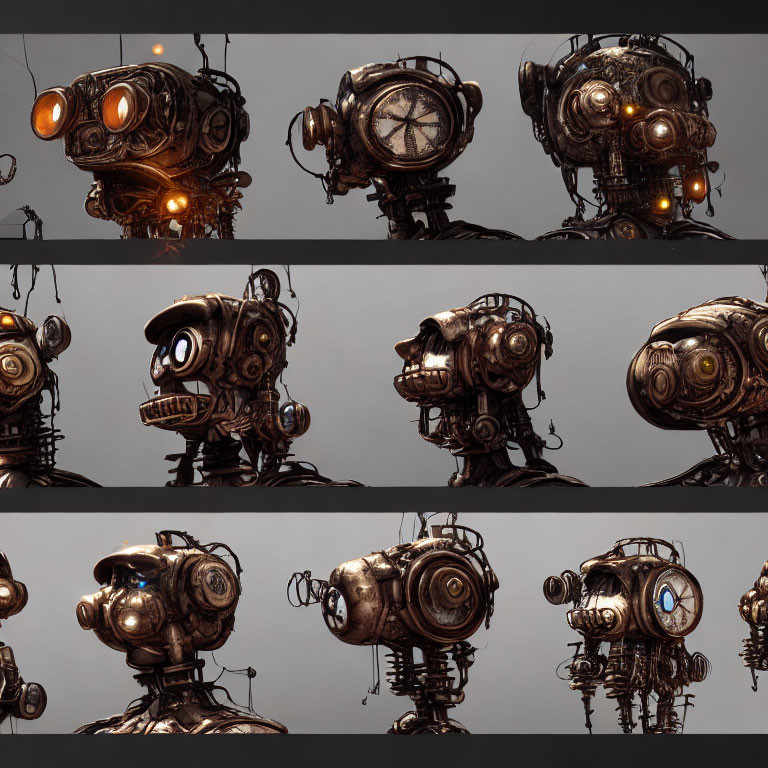 Collection of Nine Steampunk Robotic Heads on Grey Background
