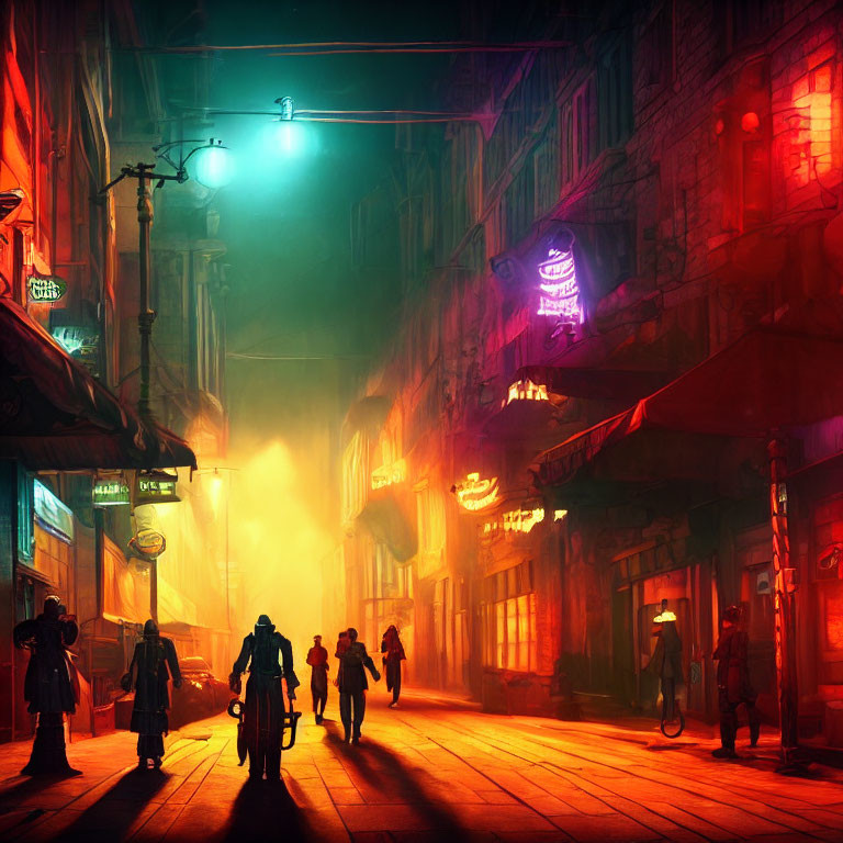 Neon-lit urban street at night with silhouetted figures