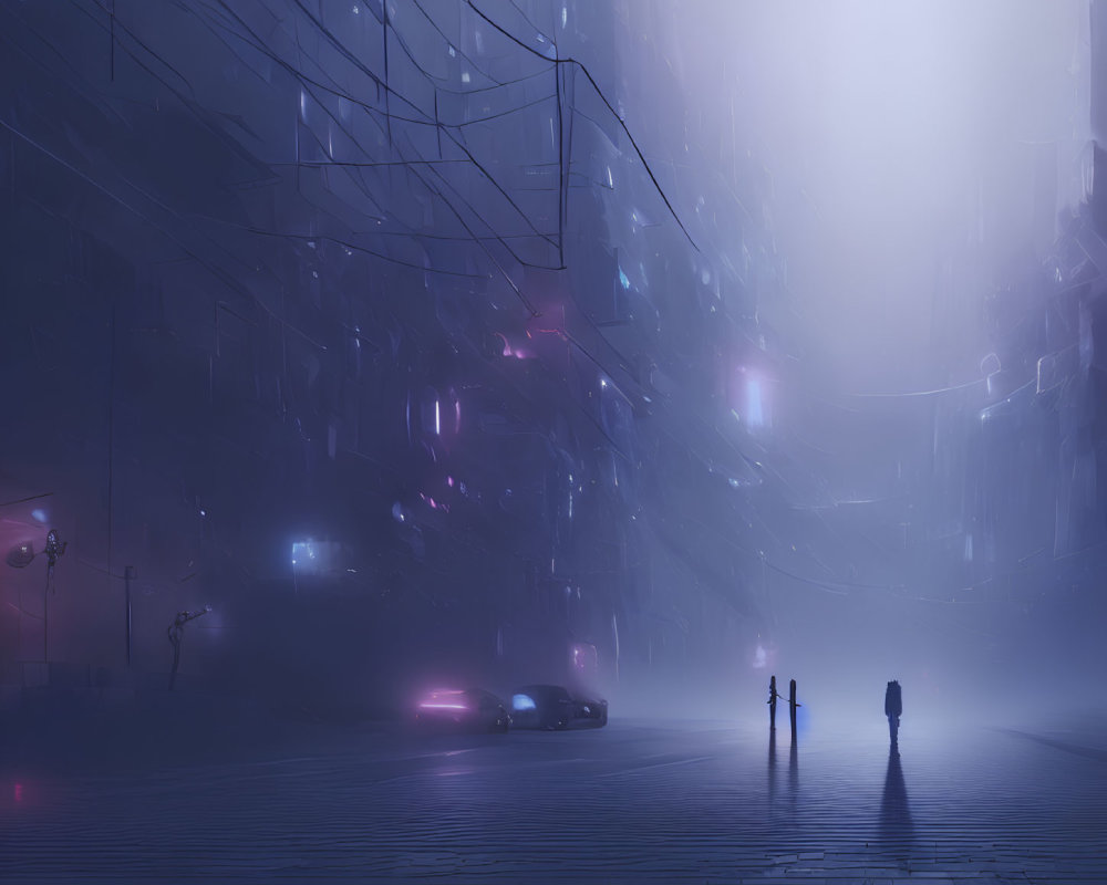 Ethereal night cityscape with fog, glowing lights, silhouettes, and wet street.