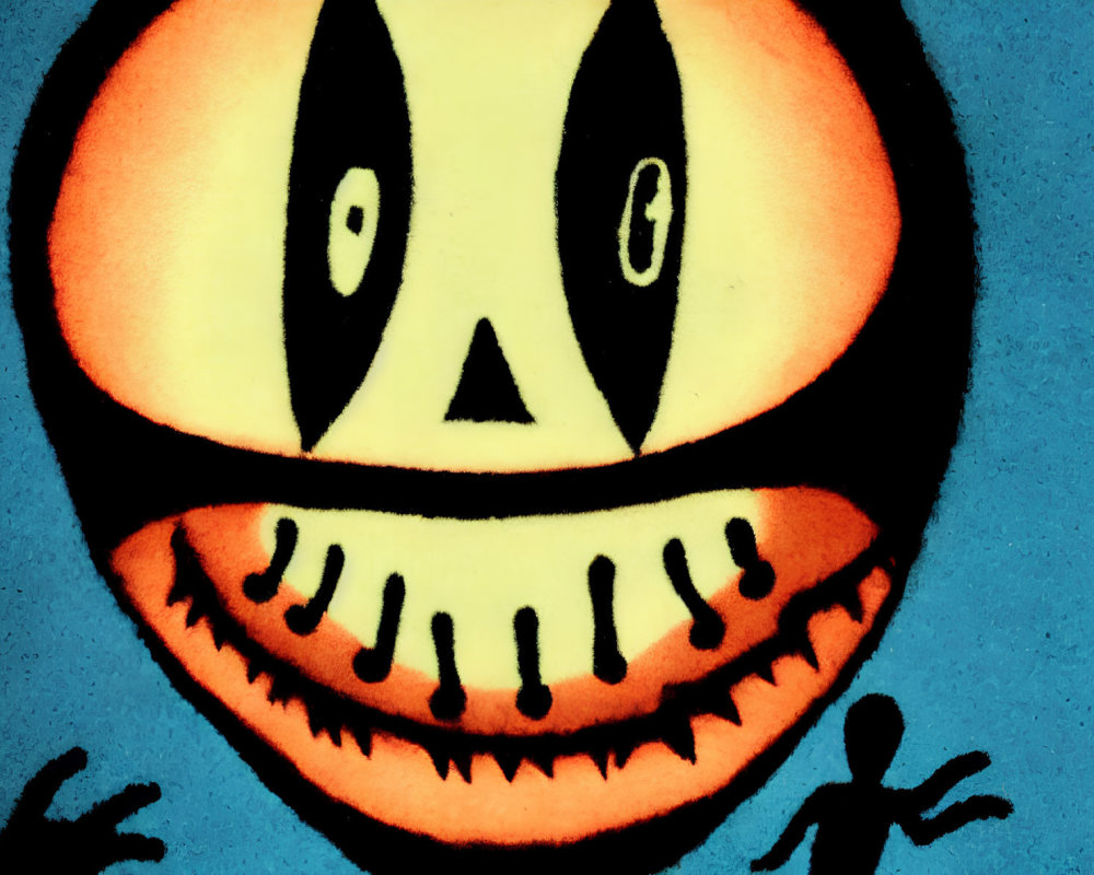 Stylized illustration of eerie face with large eyes and stitched smile