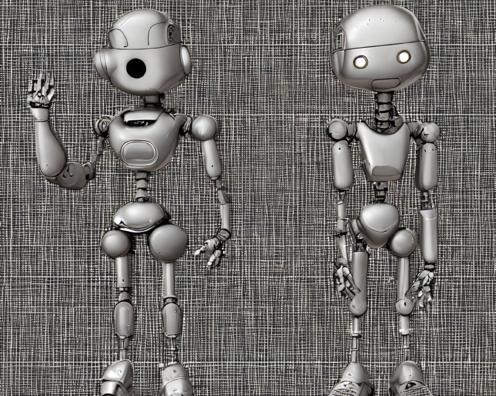 Metallic humanoid robots waving against textured background
