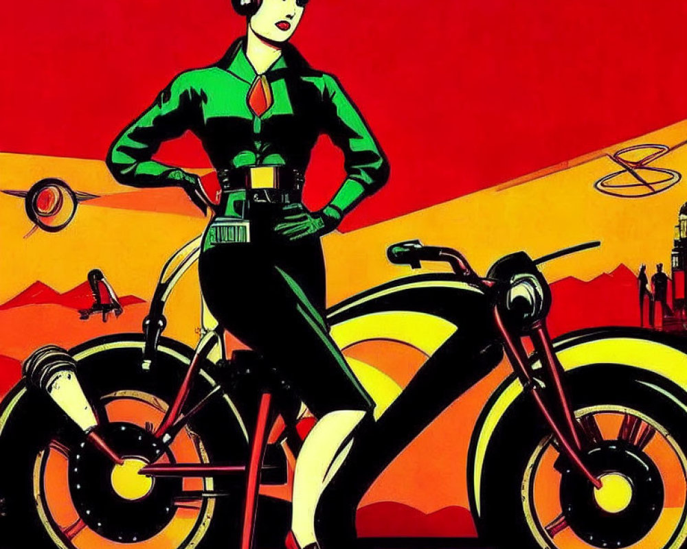 Stylized illustration of confident woman with headphones by futuristic motorcycle in retro-futuristic cityscape.