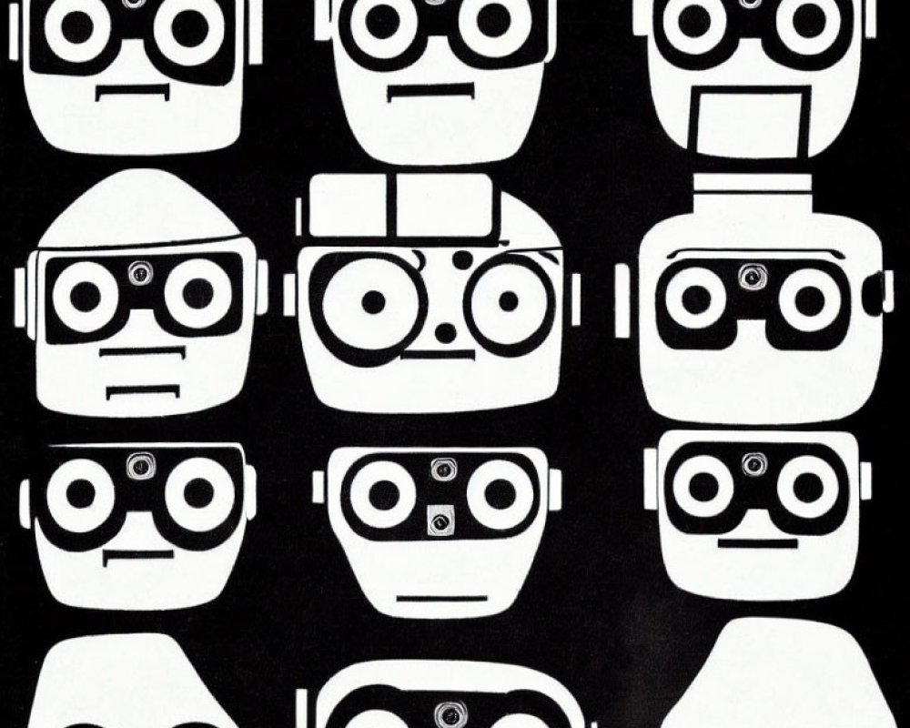 Stylized Black and White Robot Heads with Various Expressions and Eye Designs