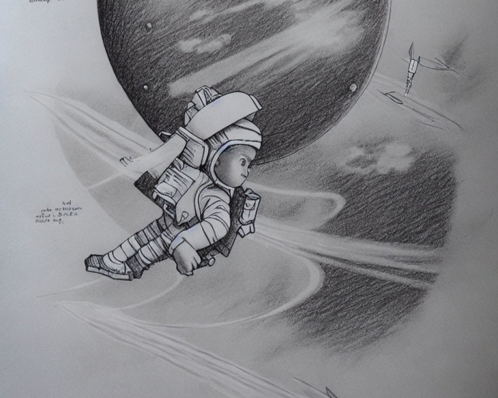 Baby in spacesuit sketch with planets and rocket in space