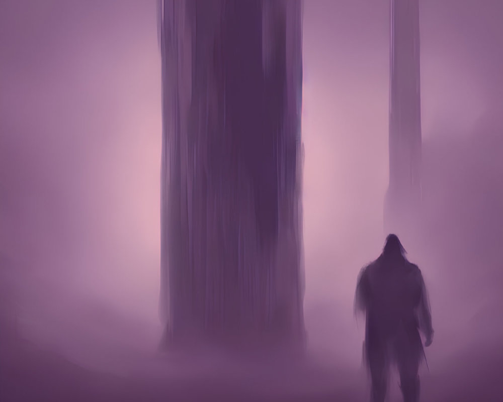 Solitary figure in purple haze before towering monoliths