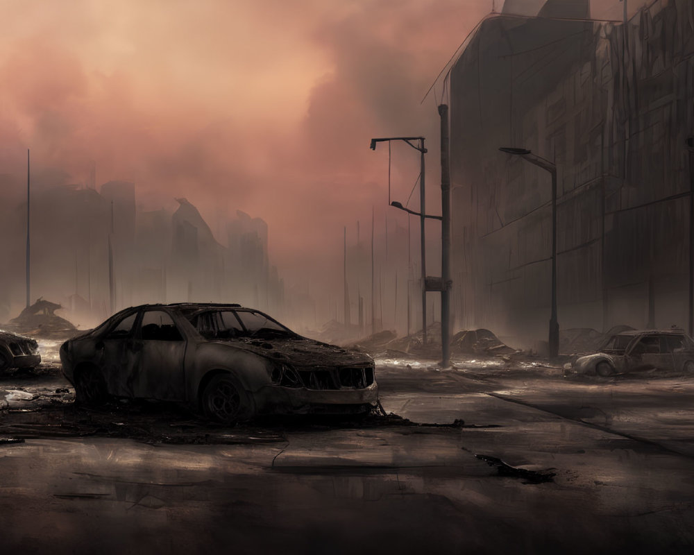 Desolate urban street at twilight with abandoned cars and eerie, post-apocalyptic vibe
