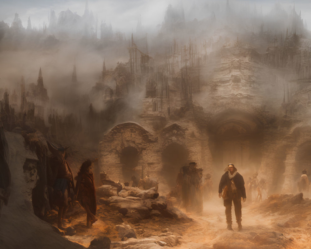 Dystopian landscape with ruins, fog, figures in cloaks, man walking away from archway