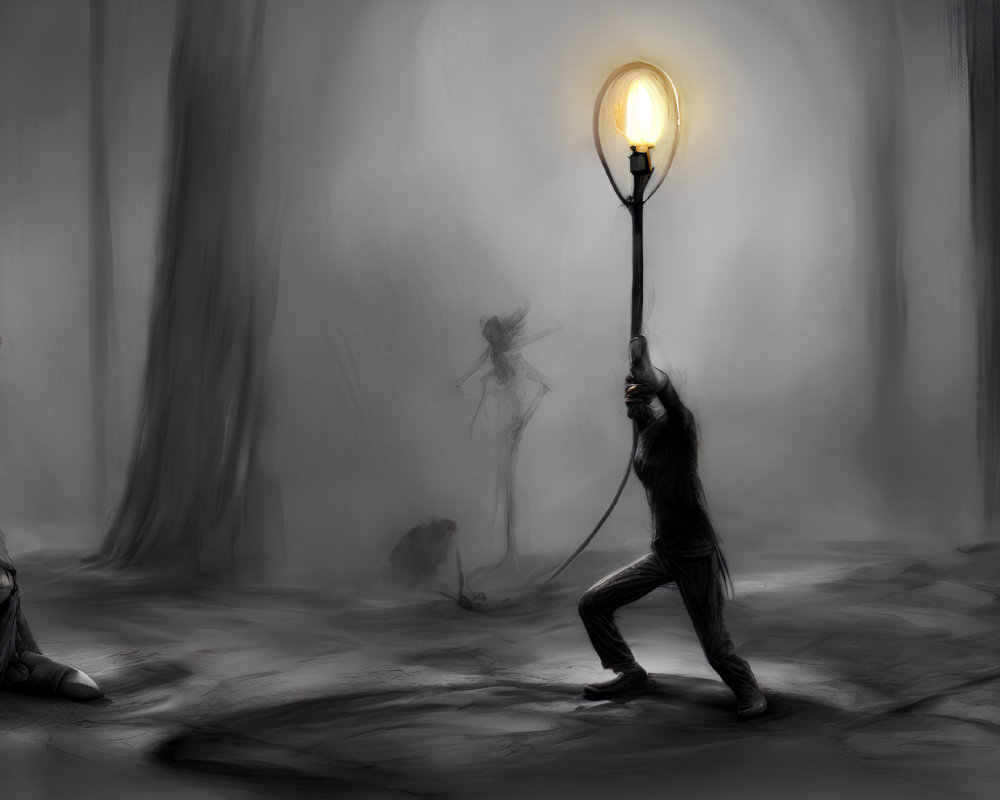 Figure with lantern in misty forest with shadowy figures - mysterious ambiance