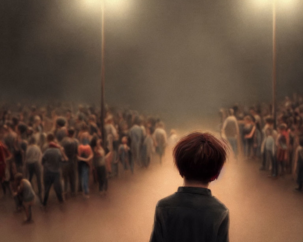 Brown-Haired Child Faces Mysterious Crowd at Dusk
