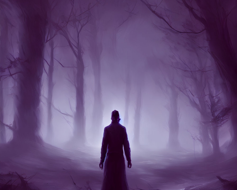Misty purple forest with solitary figure and bare trees