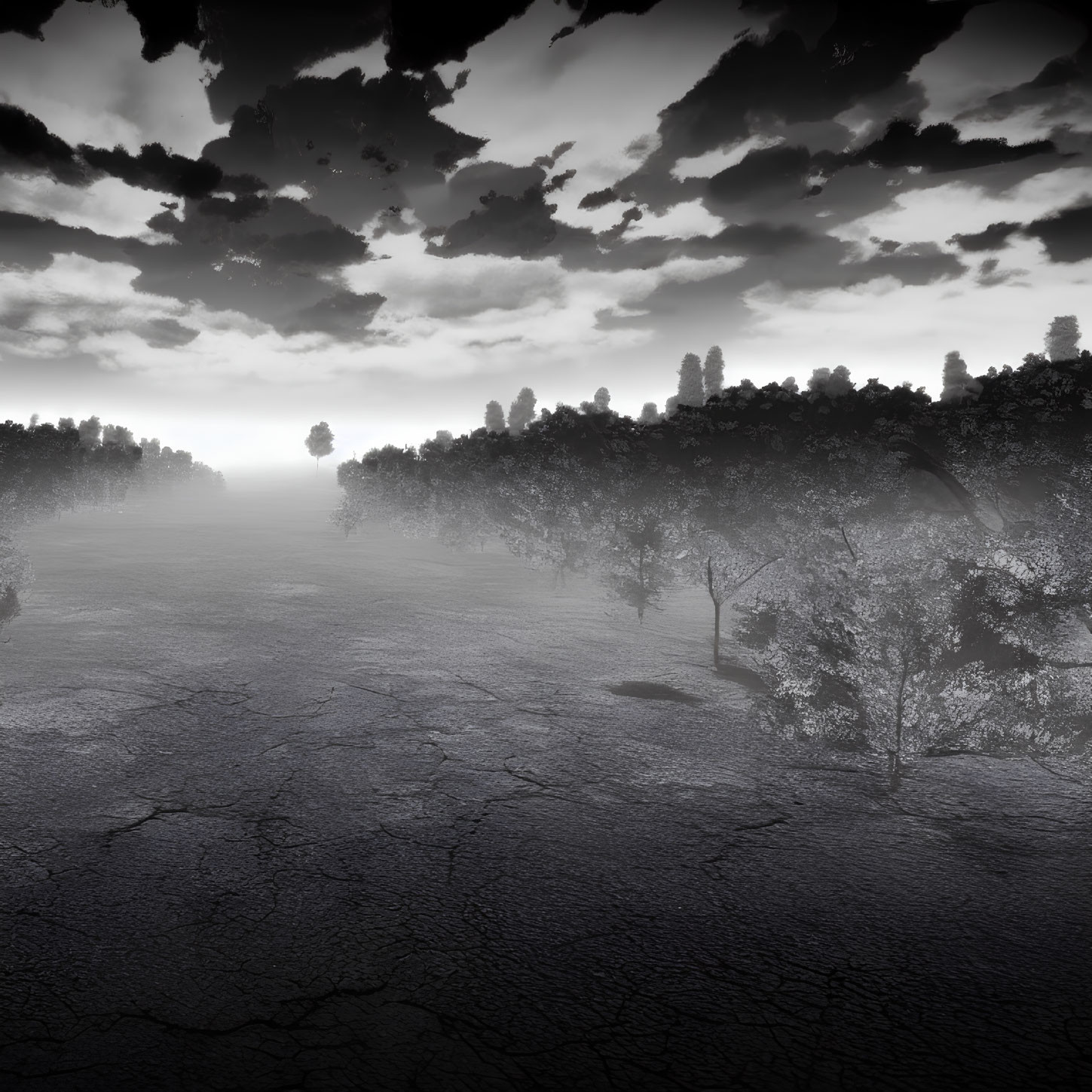 Monochrome landscape with cracked earth, sparse trees, and dramatic cloudy sky