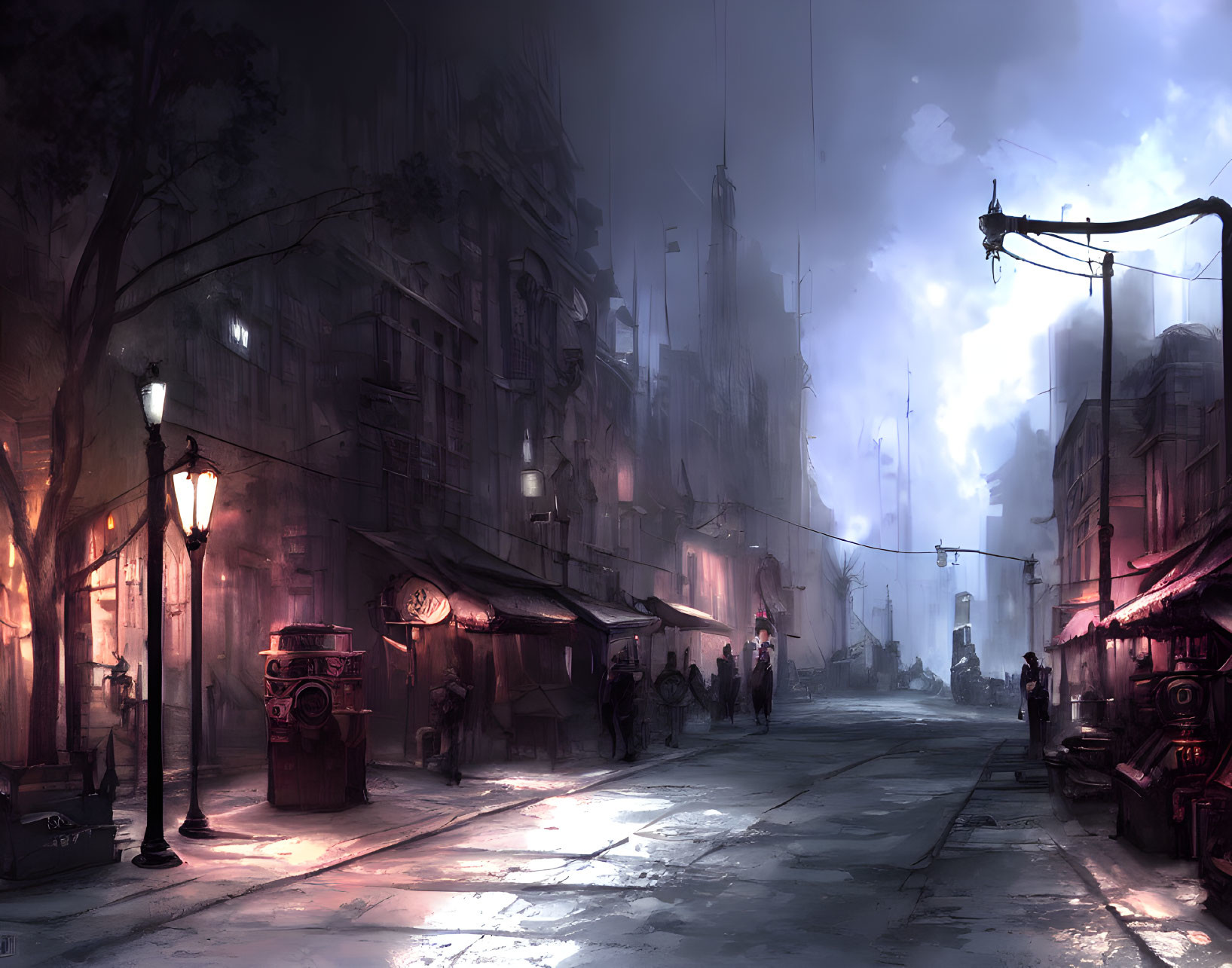 Moody dusk street scene with glowing lamps & silhouetted figures