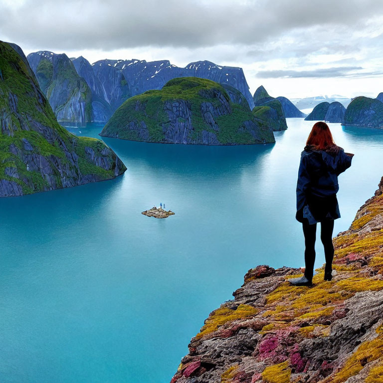 Person on rocky cliff gazes at serene fjord with boat in distance