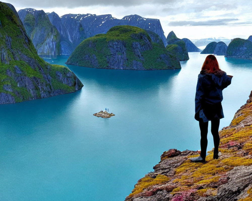 Person on rocky cliff gazes at serene fjord with boat in distance