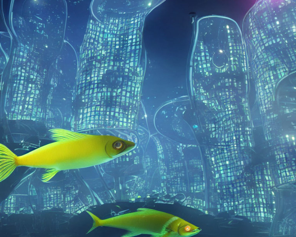Vibrant yellow fish in front of futuristic underwater city with jellyfish-shaped buildings.