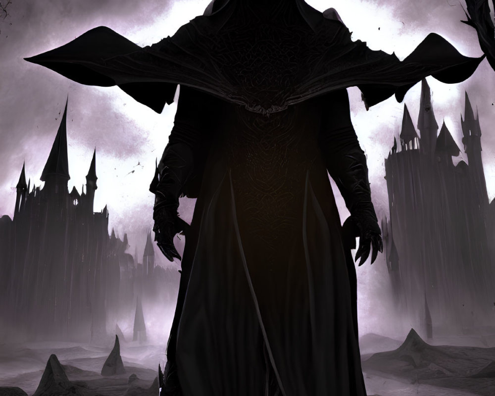 Mysterious figure in dark cloak on ritual circle with ominous spires