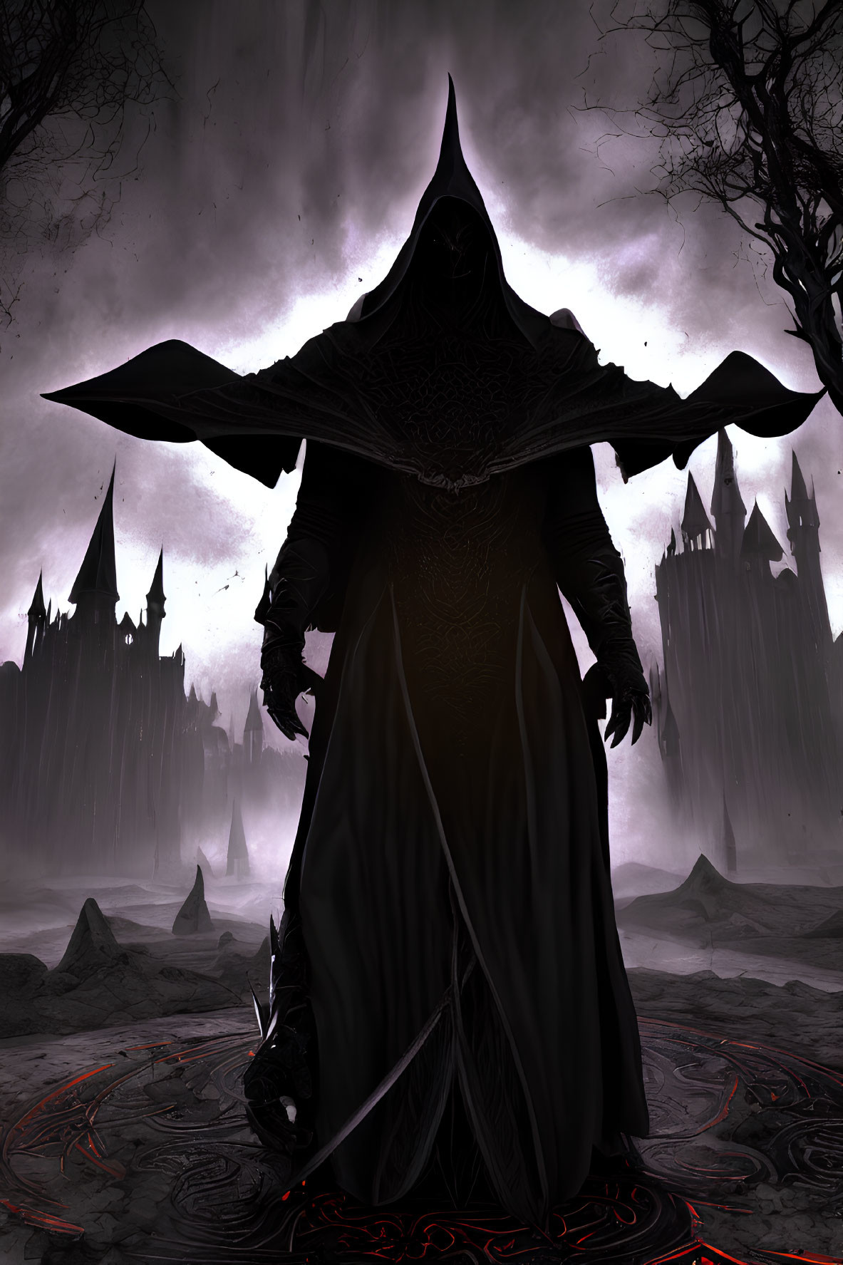 Mysterious figure in dark cloak on ritual circle with ominous spires