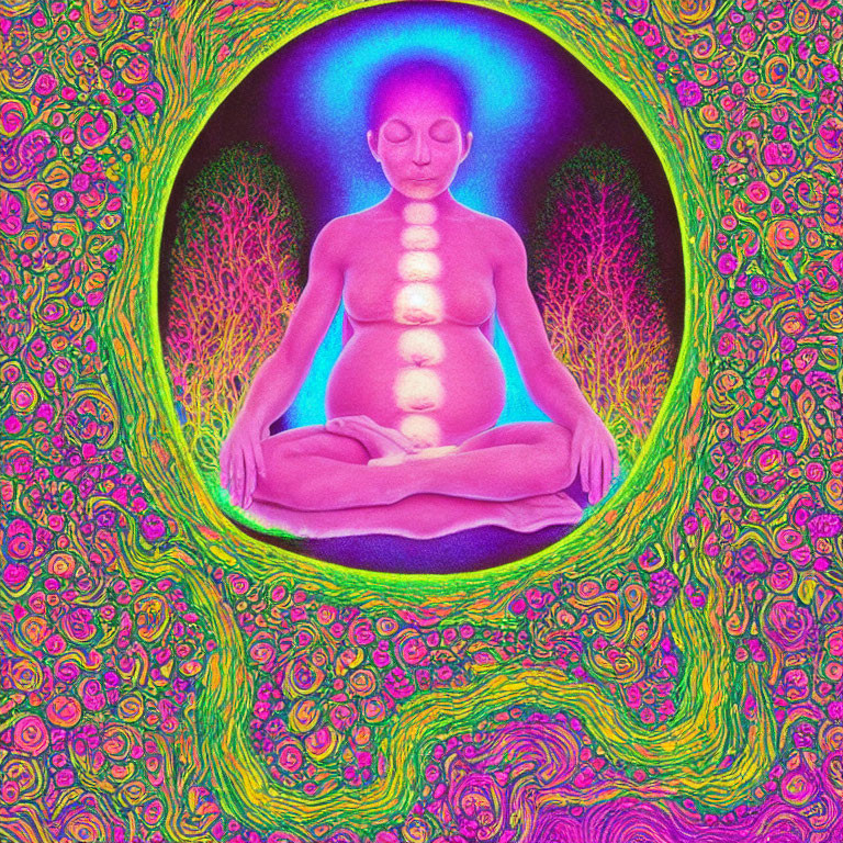 Neon-colored meditating figure with aligned chakras in intricate backdrop