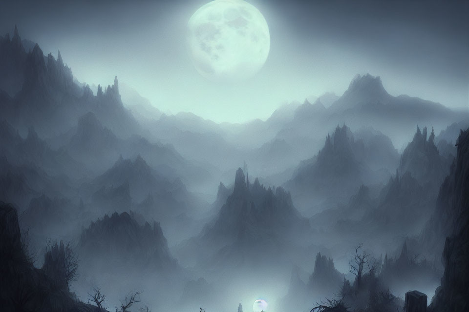 Misty mountainous night landscape with full moon and silhouetted trees