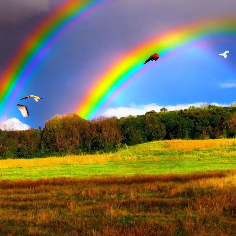 Double rainbow over lush green field with birds under stormy sky