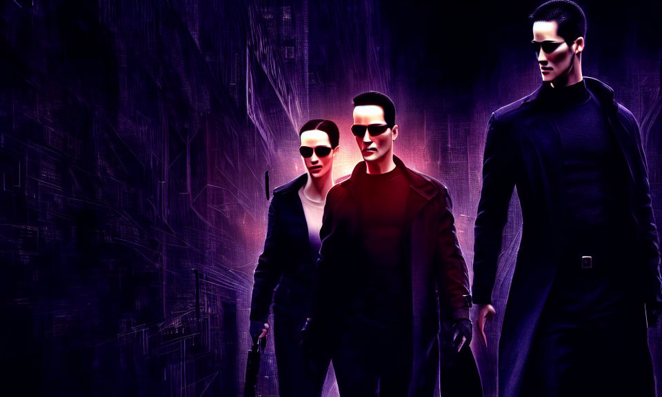 Three stylish characters in sunglasses against a digital purple backdrop