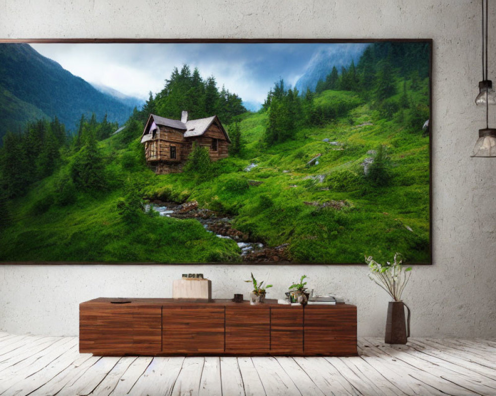 Modern Room with Large Framed Photograph of Rustic Cabin in Mountain Landscape